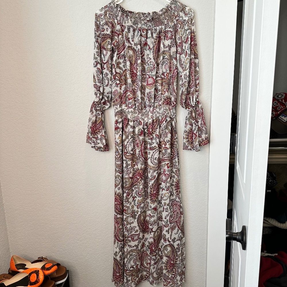 Show Me Your Mumu Cream Red Paisley Smocked Bell Sleeve Maxi Dress - Size S EUC